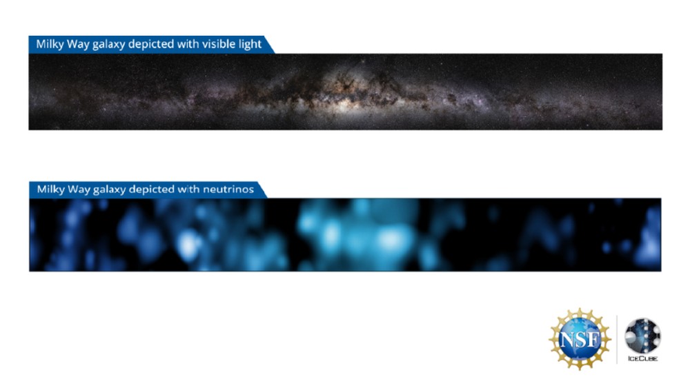 Duas imagens da Via Láctea. A do topo foi capturada com luz visível e a de baixo é a primeira capturada com neutrinos — Foto: IceCube Collaboration/U.S. National Science Foundation (Lily Le & Shawn Johnson)/ESO (S. Brunier)