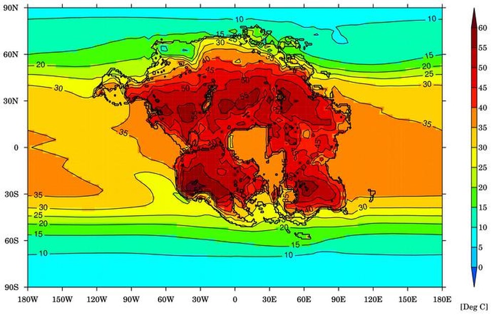 Imagem mostra temperatura média do mês mais quente (graus Celsius) para a Terra e o supercontinente projetado em 250 milhões de anos — Foto: Universidade de Bristol