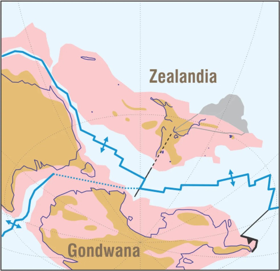 Infográfico que ilustra a separação da Zelândia de Gondwana há 85 a 60 milhões de anos — Foto: Nick Mortimer