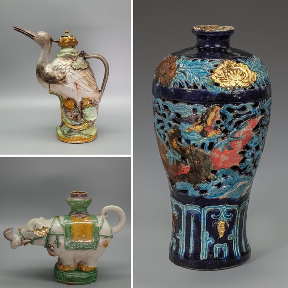 Peças de relíquias culturais recuperadas de dois antigos navios naufragados descobertos no Mar do Sul da China — Foto: National Cultural Heritage Administration