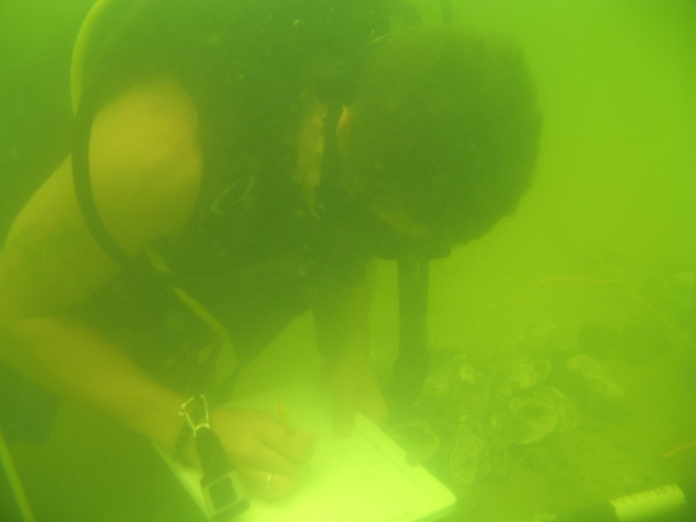Pesquisador C. Fletcher durante a expedição ao navio Emanuel Point II — Foto: University of West Florida