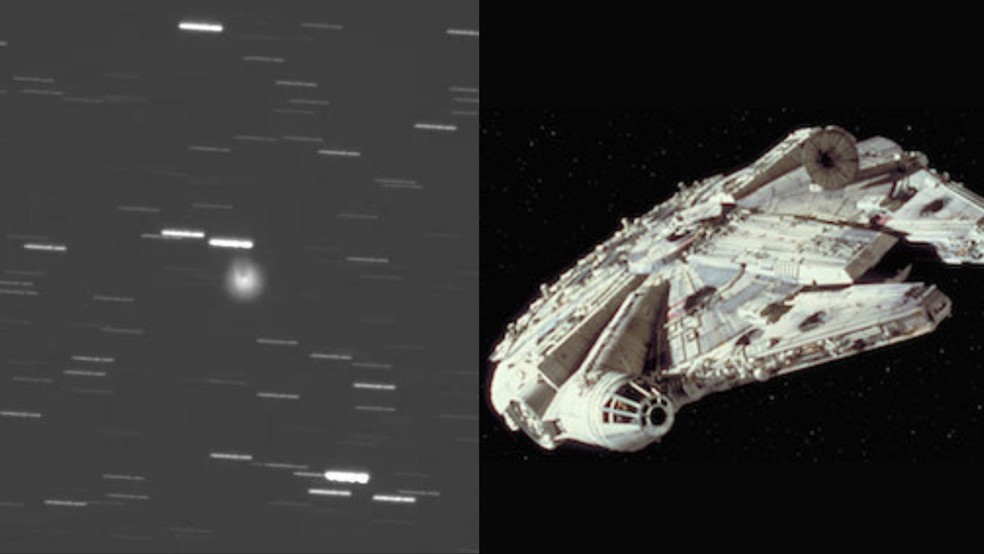 Cometa 12P/Pons-Brooks (esquerda) e um modelo da espaçonave Millennium Falcon de 'Star Wars' (direita) — Foto: Gianluca Masi/The Virtual Telescope Project/Wikimedia Commons 