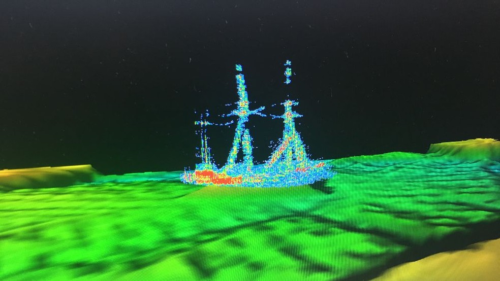 Imagem de sonar da escuna-barcaça Ironton no fundo do lago  — Foto: Divulgação/Ocean Exploration Trust/NOAA
