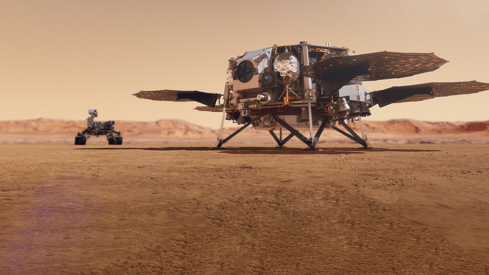 Ilustração do rover Perseverance e da sonda que irá coletar suas amostras  — Foto: Nasa
