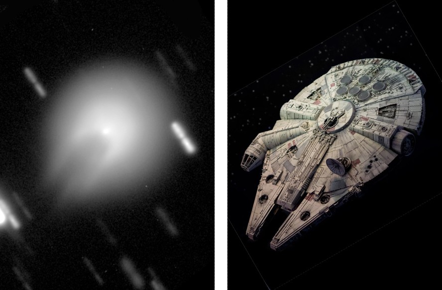 Cometa 12P/Pons-Brooks (esquerda) e um modelo da espaçonave Millennium Falcon de 'Star Wars' (direita)