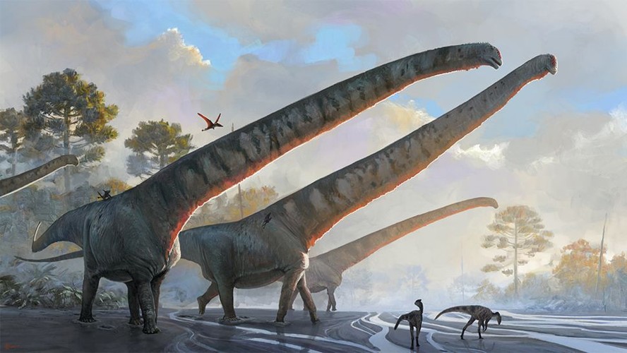 Uma ilustração do saurópode 'Mamenchisaurus sinocanadorum', que tinha um pescoço de 15,1 metros de comprimento