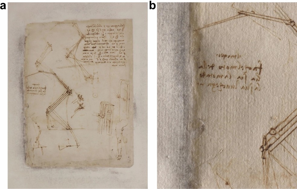 O Folio 843, que faz parte do O Codex Atlanticus, uma das mais extensas coleções de desenhos de da Vinci  — Foto: Vito Milo