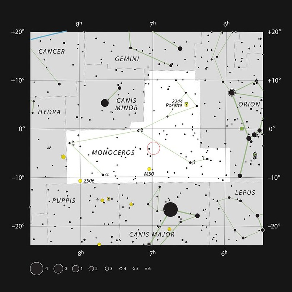 Este gráfico mostra a posição da estrela V960 Mon na constelação de Monoceros (que significa um chifre). O mapa mostra a maioria das estrelas visíveis a olho nu em boas condições — Foto: ESO, IAU e Sky & Telescope