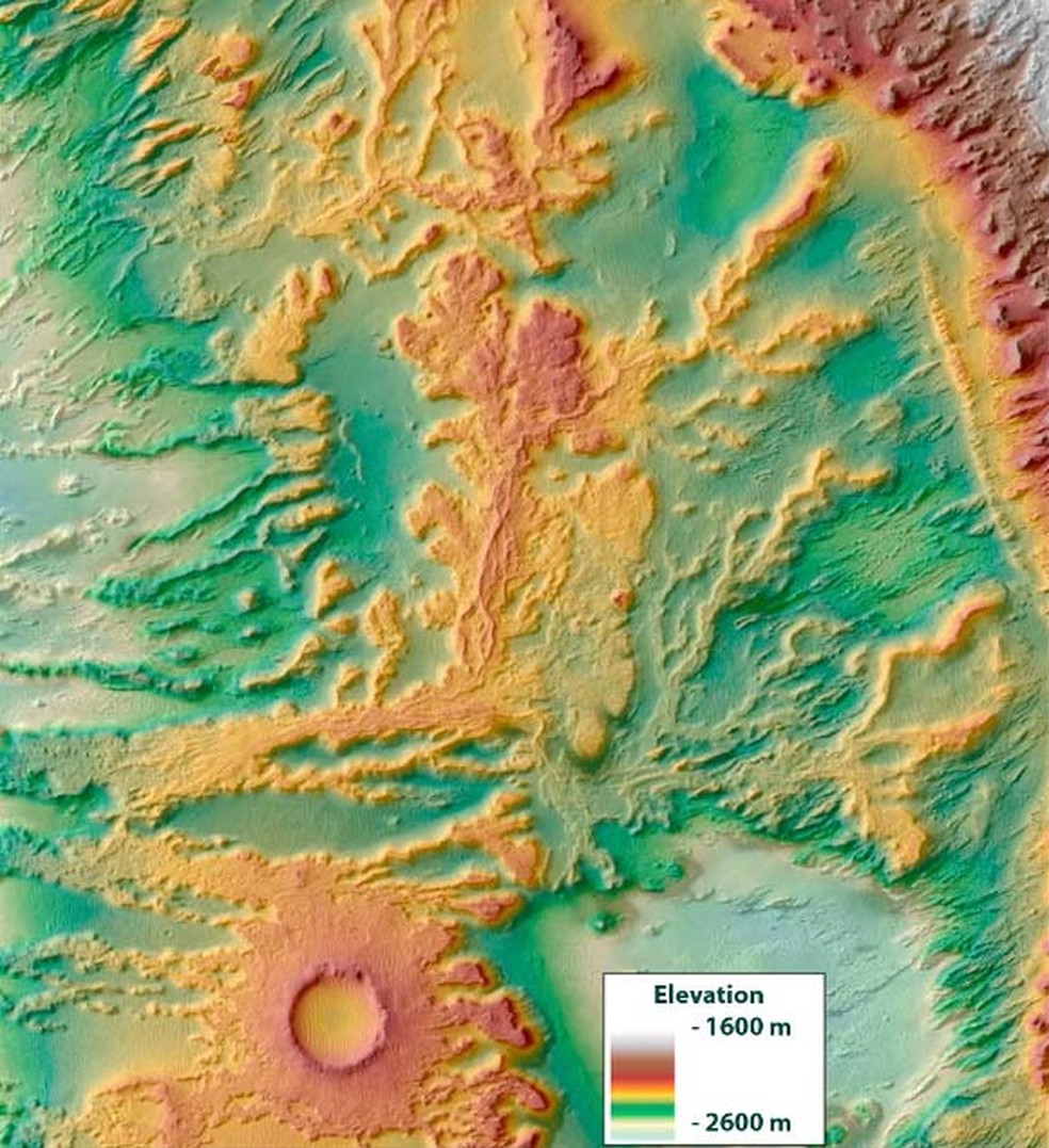 Este mapa de relevo sombreado mostra Aeolis Dorsa, em Marte, onde havia depósitos de canais que compõem um antigo delta  — Foto: Roman A. DiBiase et al