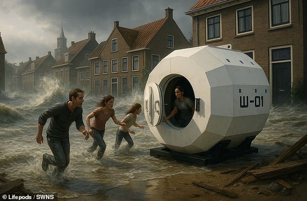 A W01 é uma cápsula flutuante projetada para ser usada por duas a quatro pessoas durante eventos climáticos extremos, como tsunamis, enchentes repentinas, inundações costeiras e rompimentos de barragens e diques — Foto: Lifepods/SWNS
