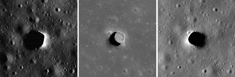 Cratera da região de Mare Tranquillitatis, na Lua, fotografada pela missão Lunar Reconnaissance Orbiter em diferentes exposições — Foto: NASA/GSFC/Arizona State University