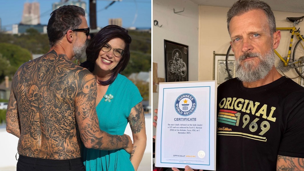 Homem com diversas tatuagens de caveiras pelo corpo