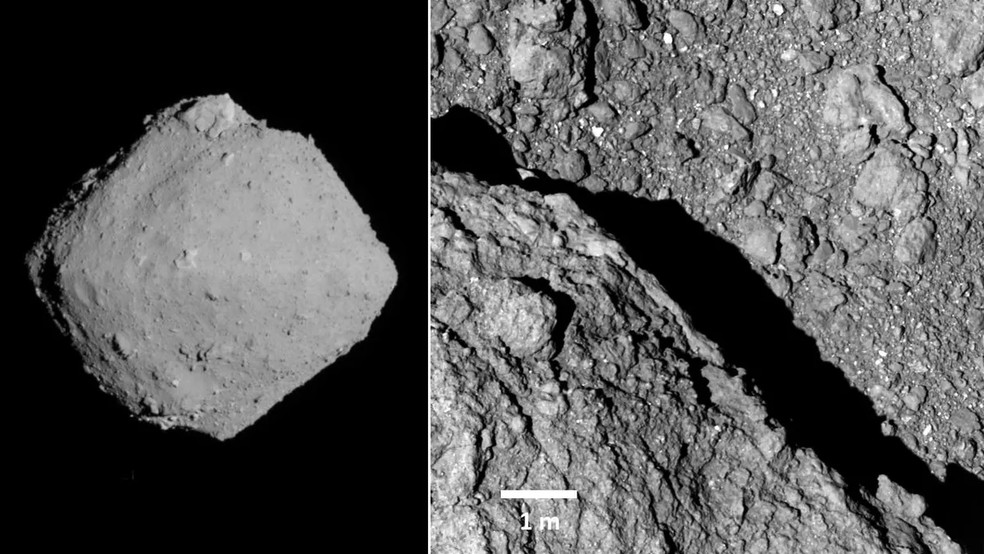 Asteroide Ryugu, também visto pela espaçonave Hayabusa2 da JAXA — Foto: JAXA, Universidade de Tóquio, Universidade de Kochi, Universidade de Rikkyo, Universidade de Nagoya, Instituto de Tecnologia de Chiba, Universidade Meiji, Universidade de Aizu e AIST