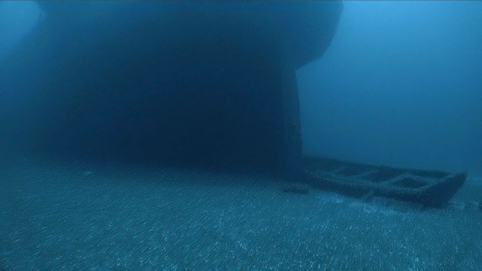 A filmagem do ROV de Ironton revela o bote salva-vidas ainda amarrado à popa do navio afundado — Foto: Divulgação/NOAA/Programa de Veículos Submarinos UNCW