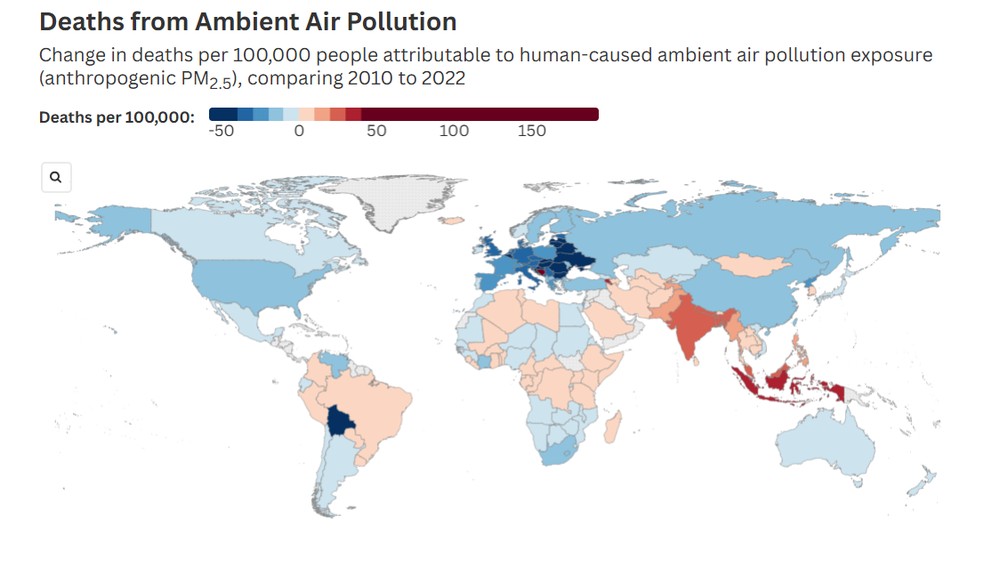 Análise das mortes por poluição do ar pelo mundo entre 2010 a 2022 — Foto: Lancet Countdown 2025 sobre Saúde e Mudanças Climáticas