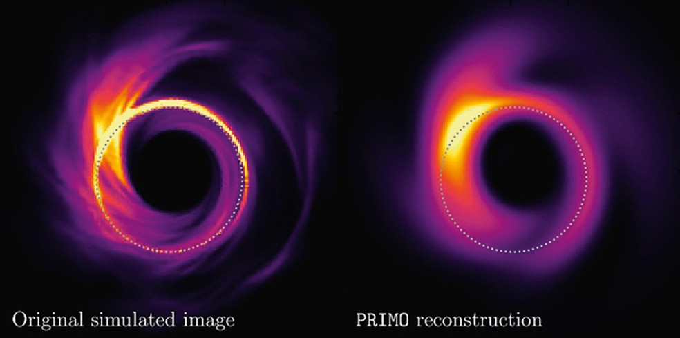 Figura compara imagem simulada de um buraco negro no comprimento de onda de 1,3 mm (à esquerda) com reconstrução da imagem pelo algoritmo PRIMO (à direita), desenvolvido por Medeiros em 2022 — Foto:  Medeiros et al. 2022