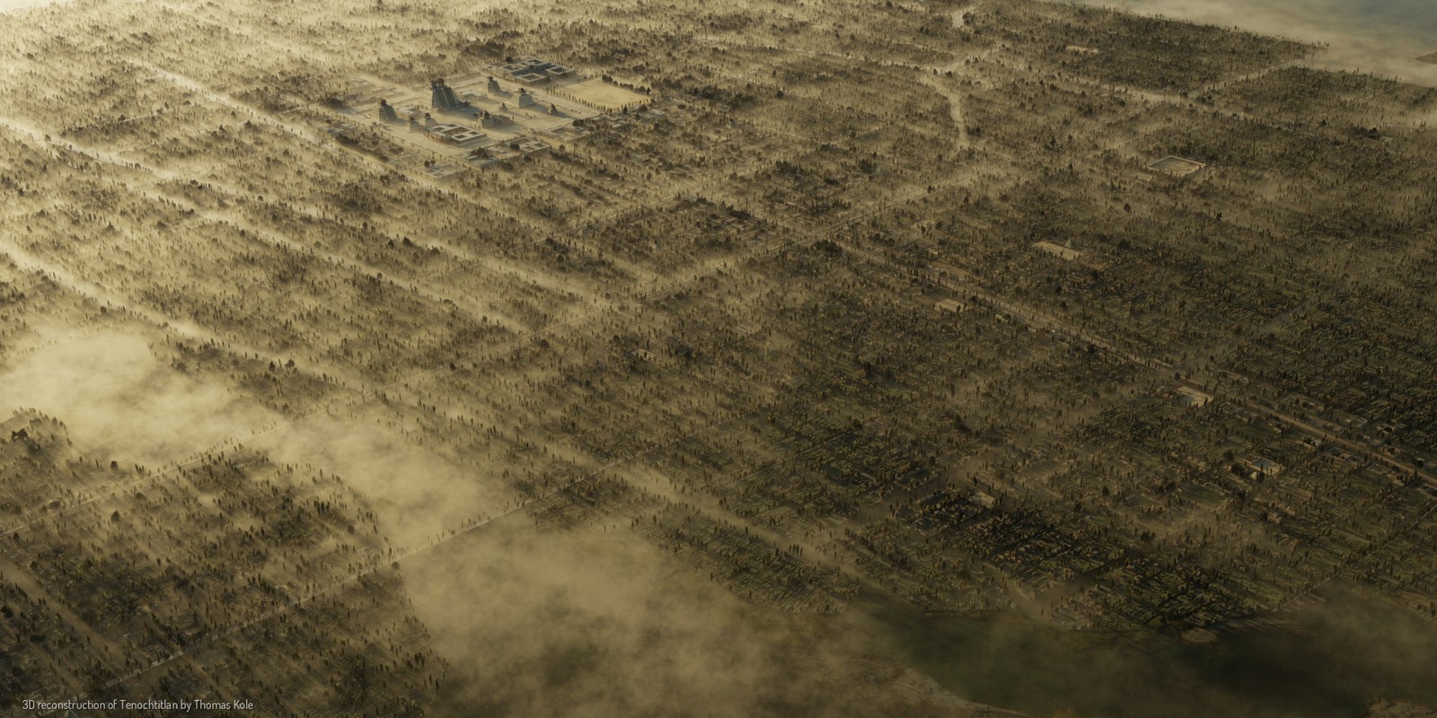 Neblina sobre Tenochtitlán em imagem de reconstrução 3D 
