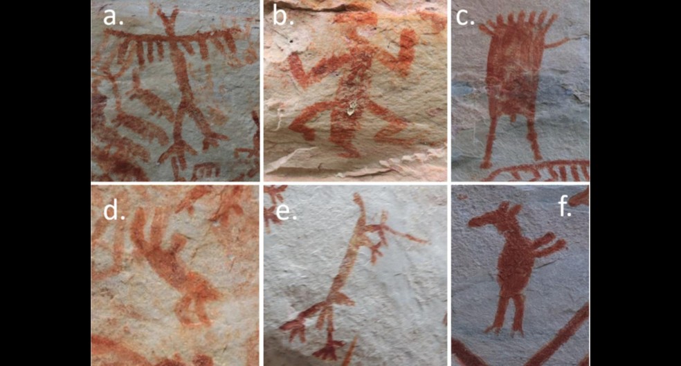 Possíveis imagens teriantrópicas, conforme sugerido por informantes indígenas: a) ave/humano; b) lagarto com cabeça redonda, semelhante à humana; c) pássaro/planta/humano com pênis; d) preguiça/humano; e) quadrúpede desconhecido com cauda e pênis; e f) veado/humano — Foto: Divulgação/Universidade de Exeter