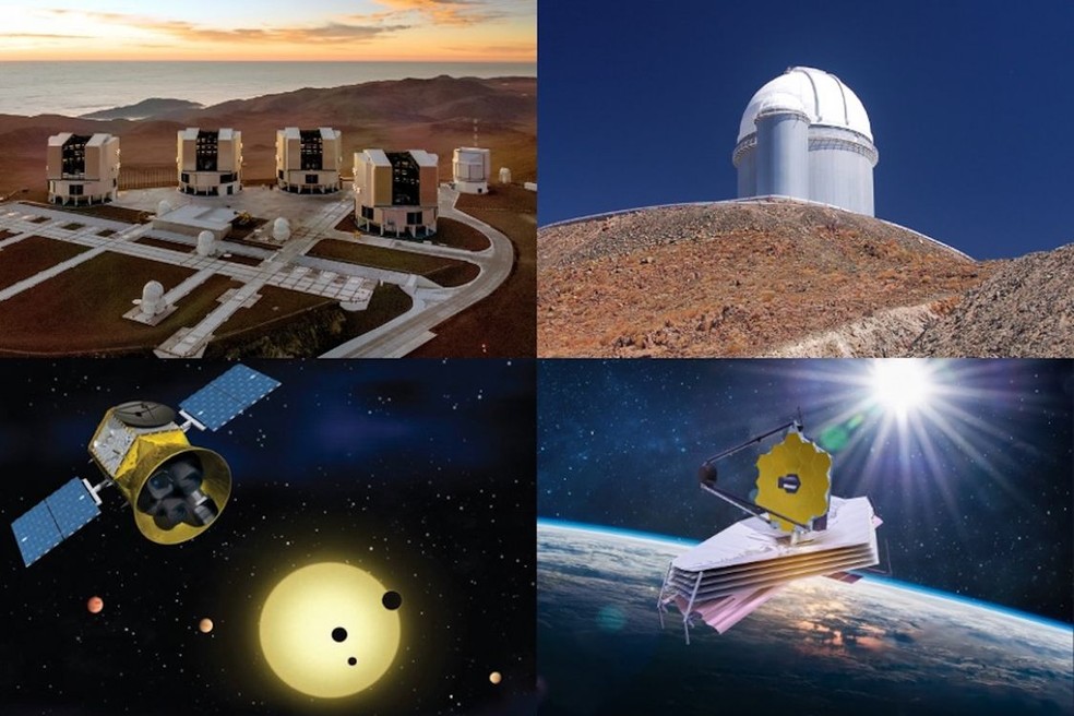 Este estudo explora dados de dois telescópios terrestres: o Very Large Telescope (canto superior esquerdo, crédito: ESO/G. Hüdepohl) e o telescópio de 3,6 metros do ESO, com o instrumento HARPS (canto superior direito, crédito: ESO), bem como dois telescópios espaciais: TESS e JWST, mostrados aqui em representações artísticas, respectivamente, canto inferior direito e canto inferior esquerdo — Foto: Nasa