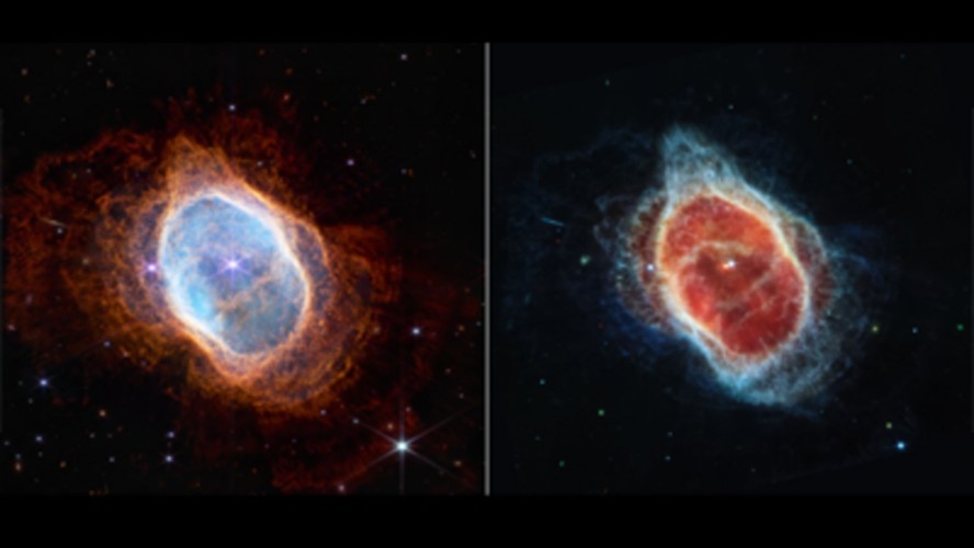 Nebulosa do Anel Sul registrada pelas câmeras NIRCam (esquerda) e MIRI (direita), do James Webb
