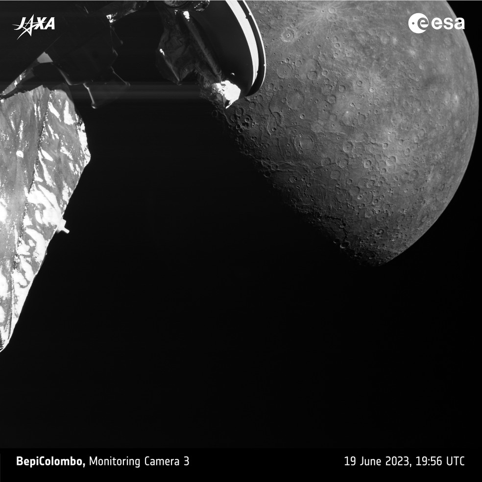 Registro da geologia de Mercúrio feito pela BepiColombo em 19 de junho de 2023 — Foto: ESA/JAXA