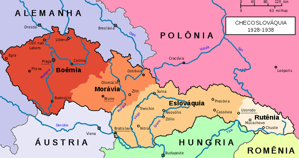 Território da Tchecoslováquia entre 1928 e 1938. Após a Segunda Guerra, a Rutênia foi cedida à União Soviética — Foto: Wikimedia Commons