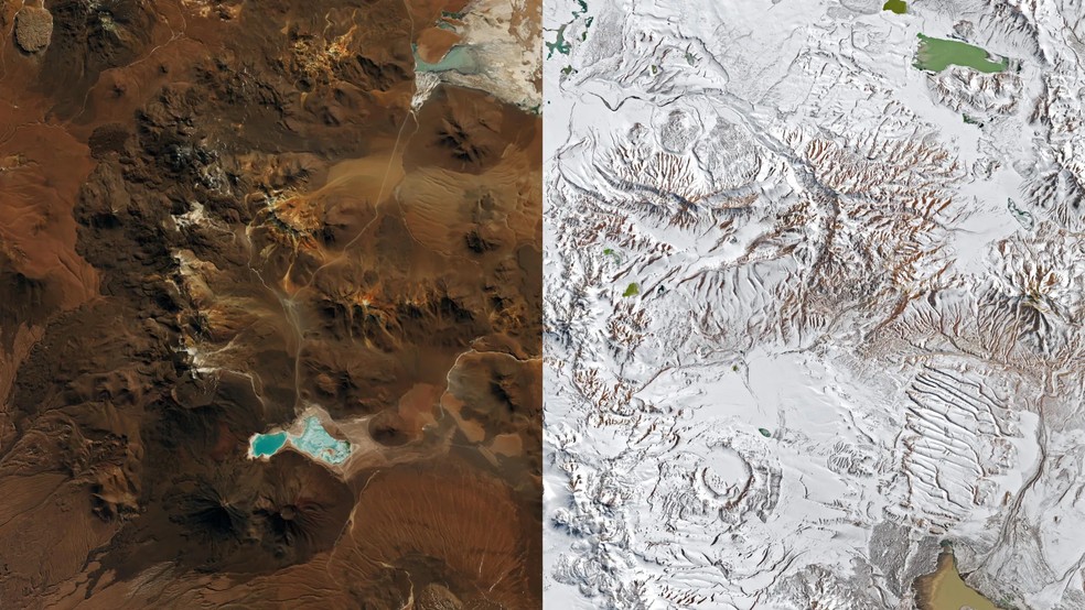 Tempestades de inverno raras cobriram grandes extensões do Deserto do Atacama, no Chile, com neve em agosto de 2026, desde os Andes, atravessando um dos lugares mais secos da Terra e chegando quase até a costa do Pacífico. (Esquerda: 6 de agosto de 2026. Direita: 14 de agosto de 2026.) — Foto: Observatório da Terra da NASA por Lauren Dauphin, usando dados do Landsat do Serviço Geológico dos EUA e dados do MODIS da NASA EOSDIS LANCE e GIBS/Worldview.