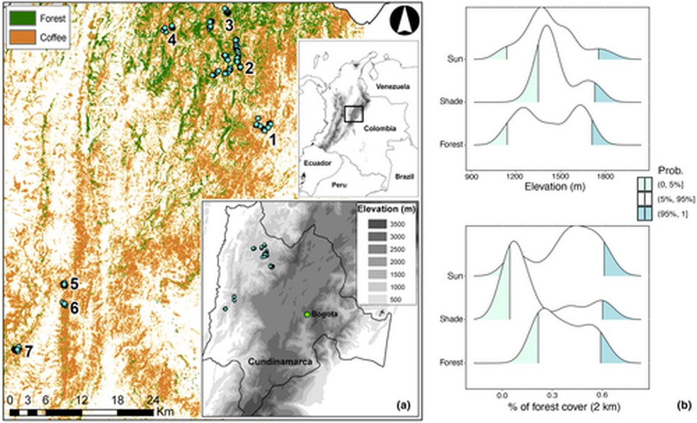 Área de estudo e delineamento do levantamento na região cafeeira do Departamento de Cundinamarca, região central da Colômbia — Foto: Journal of Applied Ecology
