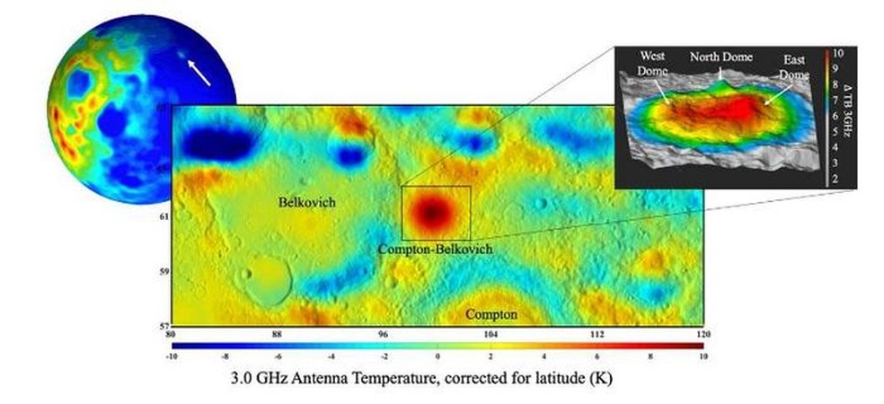 À esquerda, seta mostra a posição do basólito no lado oculto da Lua. O centro e a direita mostram o gradiente de calor do granito na área de Compton-Belkovich — Foto:  Siegler et al.