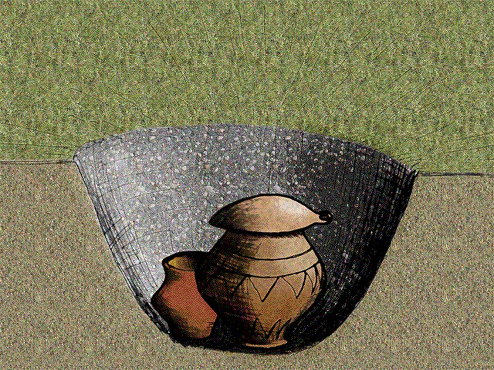 Representação do sepultamento de uma urna funerária na cultura dos Campos de Urnas, muito comum na Europa Central durante a Idade do Bronze — Foto: José-Manuel Benito Álvarez/Wikimedia Commons