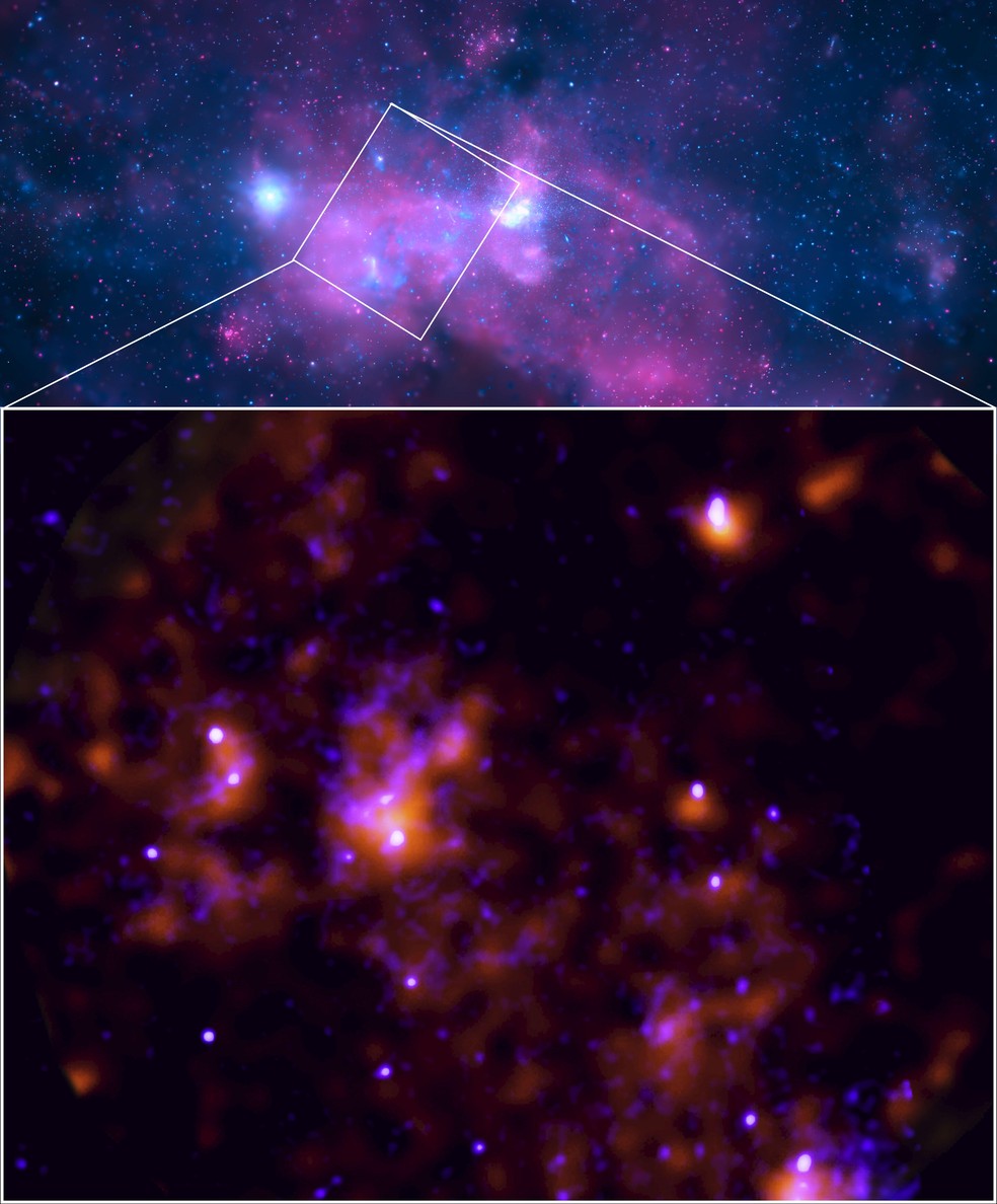 Novos dados do Imaging X-ray Polarimetry Explorer (IXPE) da Nasa forneceram evidências de que o buraco negro supermassivo no centro da Via Láctea, conhecido como Sagitário A* (Sgr A*), passou por um período muito intenso de atividade alguns 200 anos atrás — Foto:  NASA/CXC/SAO/IXPE