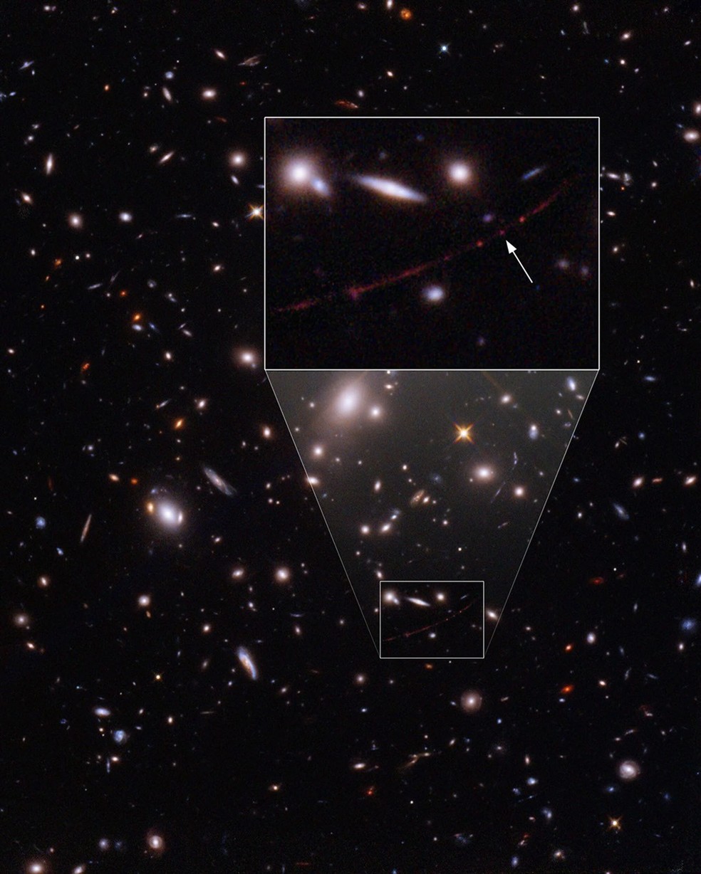 A ampliação de um enorme aglomerado de galáxias permitiu que astrônomos observassem Earendel com o Telescópio Espacial Hubble — Foto: NASA / ESA / Brian Welch / Dan Coe / Alyssa Pagan