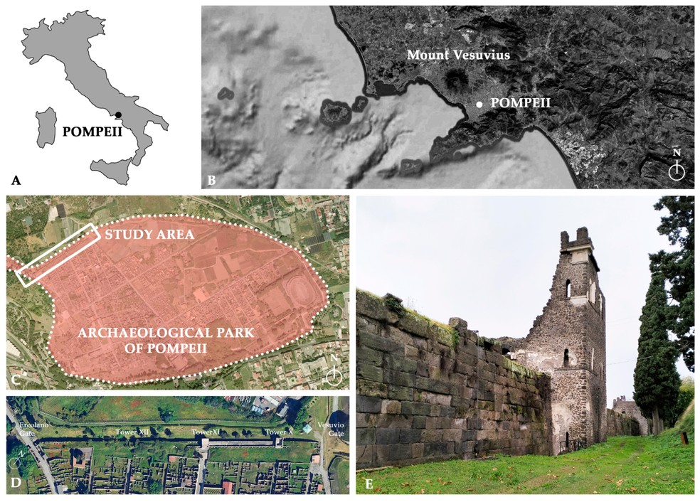 Panorama geral da localização da muralha analisada no estudo, começando desde a localização de Pompeia na Península Itálica até detalhes do circuito da muralha ao norte da cidade — Foto: Adriana Rossi, Silvia Bertacchi, Verônica Casadei, Google Earth/Heritage