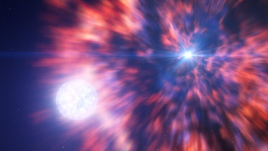 Representação artística baseada nas consequências de uma explosão de supernova observada por duas equipes de astrônomos utilizando o Very Large Telescope ( VLT ) e o New Technology Telescope ( NTT )