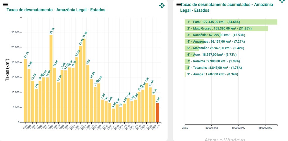 Taxas de desmatamento ao longo dos anos na Amazônia Legal — Foto: TerraBrasilis