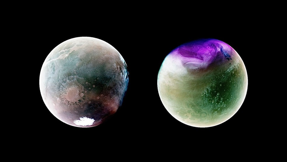 Missão MAVEN obteve duas imagens ultravioleta tiradas em pontos diferentes ao longo da órbita de Marte ao redor do Sol — Foto: NASA/LASP/CU Boulder