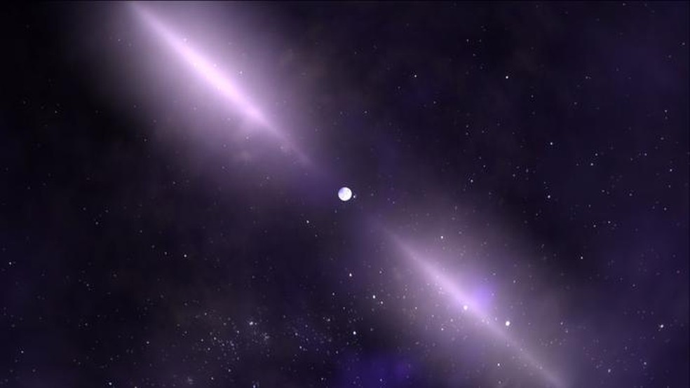 Ilustração de um pulsar, uma estrela de nêutrons de rotação rápida que emite feixes estreitos e abrangentes de ondas de rádio — Foto: Goddard Space Flight Center da NASA