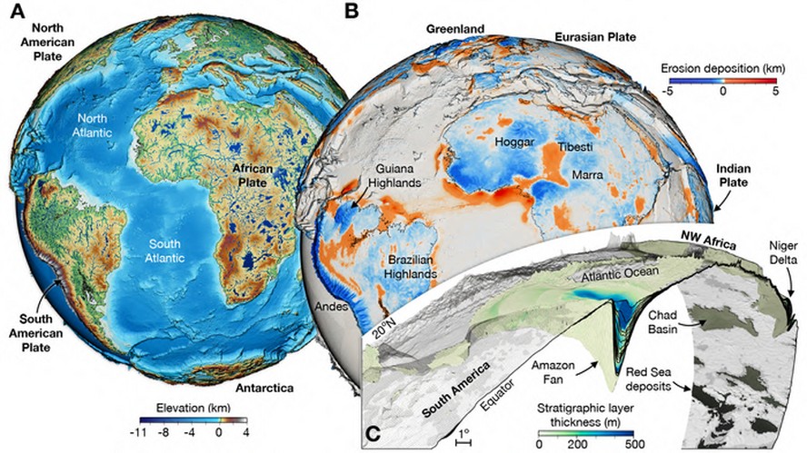 Imagem do modelo criado pelos cientistas que revelam a evolução da paisagem nos últimos 100 milhões de anos.