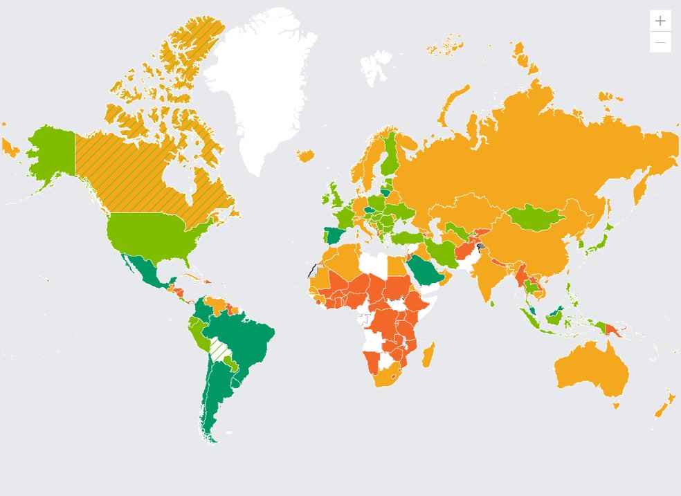O infográfico considera quatro níveis de pontuação, que são sinalizados, respectivamente, do pior para o melhor nas cores: vermelho, laranja, verde claro e verde escuro. A OMS não tem os dados dos países em branco e aqueles em tracejado ainda estão no processo de adoção das medidas para subir de nível. — Foto: OMS