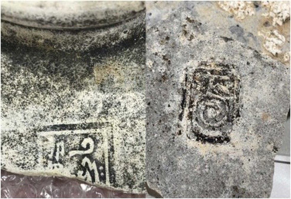 Marcas em potes de armazenamento: escrita chinesa e árabe (esquerda) e escrita Phags-Pa (direita) — Foto: Michael Flecker