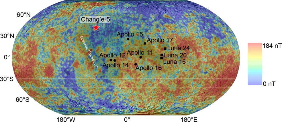 Distribuição de anomalias magnéticas na superfície lunar — Foto: Cai et al.