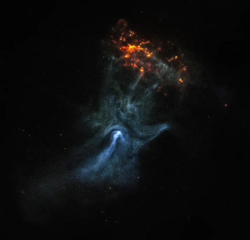 Pulsar MSH 15-52 tem uma forma que se assemelha a uma mão humana e fornece deslumbres sobre como pulsares são formados — Foto: NASA/CXC/Stanford Univ./R. Romani et al. (Chandra); NASA/MSFC (IXPE); Infared: NASA/JPL-Caltech/DECaPS; Image Processing: NASA/CXC/SAO/J. Schmidt