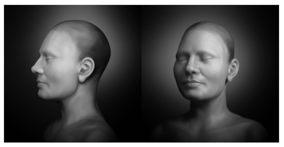 Reconstrução facial em tons de cinza com olhos fechados e sem cabelo — Foto: Moraes et al
