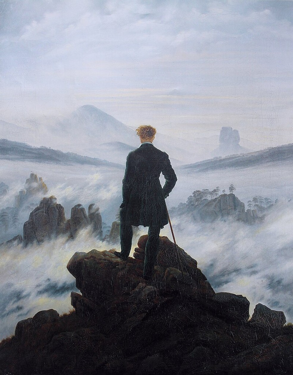 Caminhante sobre o mar de névoa, pintura a óleo feita por Caspar David Friedrich em 1818 — Foto: Wikimedia Commons