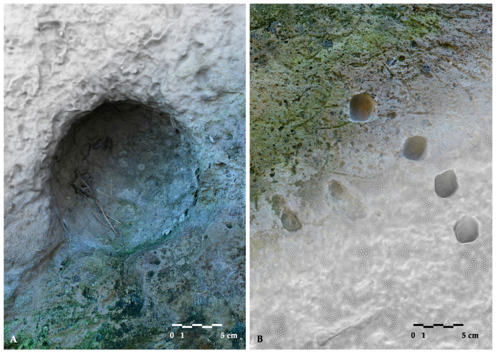 Comparação de dois modelos de detalhados de perfurações de projéteis produzidos por artilharias romanas. O primeiro é de um impacto balístico de um projétil de pedra esférico e o segundo buracos em forma de leque de impactos quadrangulares menores — Foto: Silvia Bertacchi/Heritage