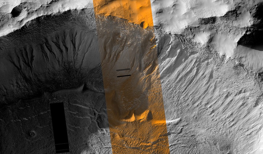 Imagem da região marciana de Terra Sirenum e suas ravinas capturadas pela câmera HiRISE (High Resolution Imaging Science Experiment) no Mars Reconnaissance Orbiter da Nasa