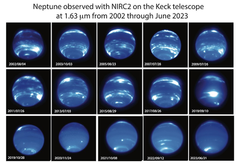 Mudança dramática na aparência de Netuno observada no final de 2019 até junho de 2023. Imagens foram obtidas pelo instrumento NIRC2 e pelo sistema de óptica adaptativa no Telescópio Keck II — Foto: Imke de Pater, Erandi Chavez, Erin Redwing (UC Berkeley)/WM Keck Observatory
