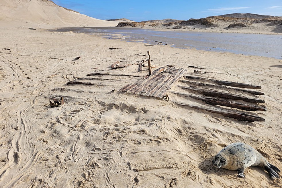 Destroços do navio Swift expostos nas areias da Ilha Sable, no Canadá, após uma forte tempestade em fevereiro de 2024 — Foto: Parks Canada