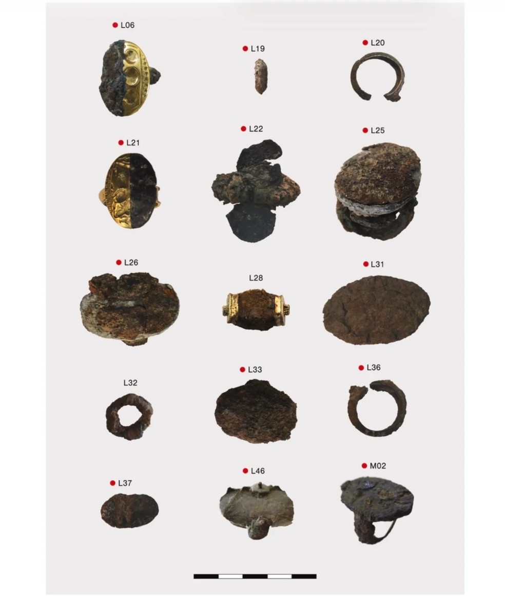 Seleção dos itens analisados ​​no estudo. Aqueles com pontos vermelhos provavelmente incorporam ferro de meteoritos — Foto: Gounelle & Mantzourani