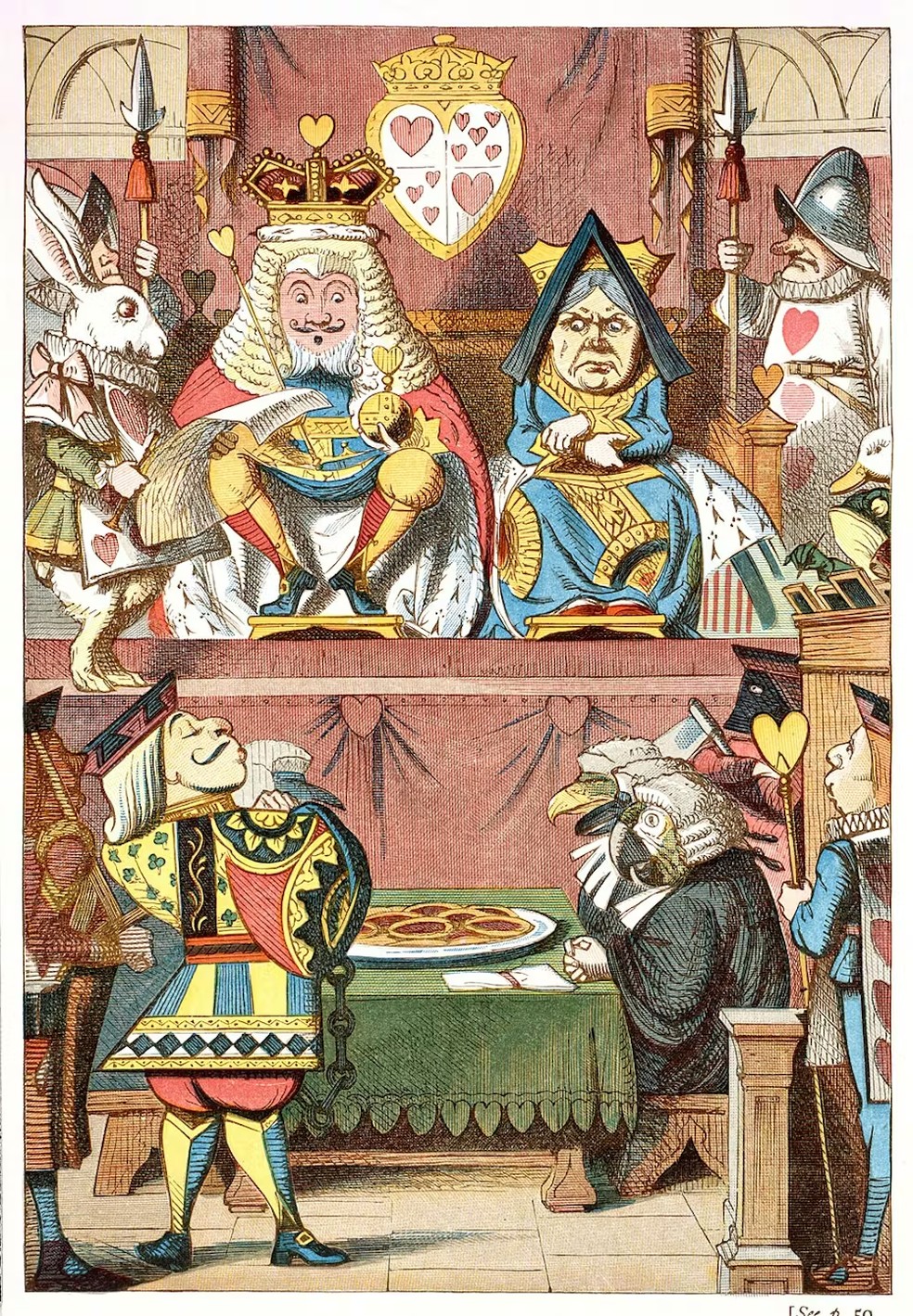 Ilustração de John Tenniel do Rei e da Rainha de Copas no julgamento do Valete de Copas. (Londres: Macmillan and Co. 1890). — Foto: John Tenniel